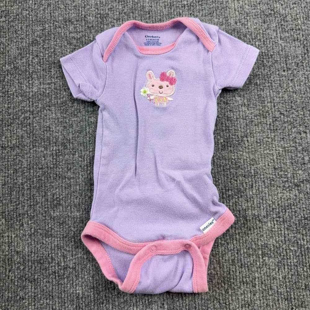 Gerber Romper Girls 0-3 Months Purple Bunny One Piece Bodysuit Short Sleeve